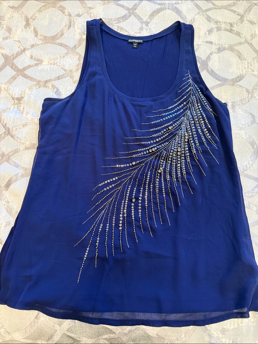 Express Royal Blue Tank with Rhinestone Feather Detail